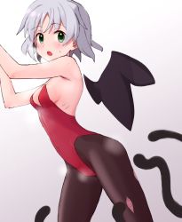 Rule 34 | 1girl, alternate costume, backless leotard, black pantyhose, black wings, blush, breasts, commentary request, covered navel, cowboy shot, demon wings, green eyes, halterneck, highleg, highleg leotard, highres, leaning forward, leotard, looking at viewer, open mouth, pantyhose, playboy bunny, red leotard, rin mokkomoko, sanya v. litvyak, short hair, silver hair, small breasts, solo, standing, strike witches, torn clothes, torn pantyhose, wings, world witches series