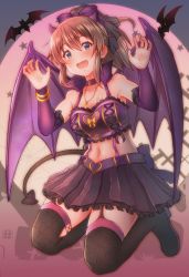 Rule 34 | 1girl, absurdres, bat wings, black thighhighs, blue eyes, blush, breasts, brown hair, fishnet thighhighs, fishnets, halloween, halloween costume, heart, heart-shaped pupils, heart necklace, highres, horns, idolmaster, idolmaster million live!, idolmaster million live! theater days, keffiy, looking at viewer, medium breasts, navel, necklace, open mouth, ponytail, satake minako, silk, smile, solo, spider web, symbol-shaped pupils, thighhighs, wings
