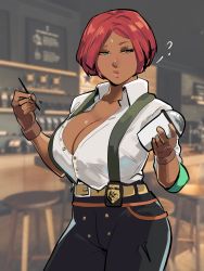 Rule 34 | 1girl, ?, absurdres, barista, belt, breasts, brown gloves, cafe, cleavage, commentary, cup, dark-skinned female, dark skin, disposable cup, english commentary, facial mark, fingerless gloves, fingernails, forehead mark, giovanna (guilty gear), gloves, green eyes, guilty gear, guilty gear strive, high-waist pants, highres, holding, holding pen, iced latte with breast milk (meme), large breasts, lips, meme, nose, pants, partially unbuttoned, pen, photo background, police badge, pout, red hair, shirt, short hair, skullworms, sleeves pushed up, solo, suspenders, white shirt