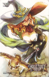 Rule 34 | 1girl, bird, breasts, cleavage, covered erect nipples, curly hair, glasses, grand knights history, hat, jewelry, kamitani george, large breasts, large hat, long hair, muse cromwell, official art, orange hair, owl, pantyhose, purple eyes, ring, shawl, simple background, vanillaware, witch, witch hat