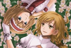 Rule 34 | 2girls, alice margatroid, ascot, blonde hair, blue eyes, blush, braid, capelet, couple, flower, from above, hairband, hand on another&#039;s head, highres, kirisame marisa, long hair, lying, multiple girls, nip to chip, no headwear, no headwear, on back, open mouth, rotational symmetry, short hair, side braid, smile, touhou, wrist cuffs, yellow eyes, yuri