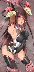 Rule 34 | 1girl, arms up, bound, bound arms, brown hair, covered erect nipples, elbow gloves, fishnets, frilled leotard, frills, gloves, highres, leotard, long hair, looking at viewer, mizuki yukikaze, monster, murabito c, one-piece tan, purple eyes, restrained, shiny clothes, shiny skin, solo, taimanin (series), taimanin suit, taimanin yukikaze, tan, tanline, tentacles, thighhighs, two side up