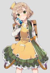 Rule 34 | 1girl, atelier (series), atelier escha &amp; logy, backpack, bag, bare shoulders, blonde hair, blunt bangs, blush, collared dress, commentary request, cowboy shot, detached sleeves, dress, green dress, green eyes, grey background, hand up, hat, head tilt, highres, holding, ikeuchi tanuma, legs apart, long sleeves, looking at viewer, lucille ernella, multicolored clothes, multicolored dress, parted lips, short hair, simple background, solo, standing, twitter username, yellow dress