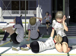 Rule 34 | 5girls, ass, bad id, bad pixiv id, baseball bat, bike shorts, blonde hair, blue hair, blunt bangs, bra visible through clothes, breasts, brown hair, closed eyes, exhausted, glasses, gym uniform, hair ornament, hairclip, kneehighs, lap pillow, large breasts, lying, multiple girls, nakabayashi reimei, on side, open mouth, original, pantylines, see-through, shade, sitting, socks, towel, twintails