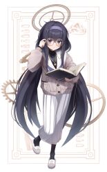 Rule 34 | 1girl, black hair, blue archive, blue eyes, blue hairband, book, full body, glasses, hairband, halo, highres, holding, holding book, jewelry, long hair, looking at viewer, low twintails, necklace, round eyewear, skirt, solo, twintails, ui (blue archive), very long hair, white skirt, xaiqi
