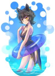 Rule 34 | 1girl, animal ears, bare arms, bare legs, bare shoulders, black hair, blue sky, blush, breasts, cat ears, cleavage, cloud, day, earrings, happy, iesupa, innertube, jewelry, kali belladonna, looking at viewer, mature female, ocean, one-piece swimsuit, outdoors, paw print, rwby, short hair, sky, smile, solo, standing, swim ring, swimsuit, wading, water, yellow eyes