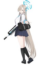 Rule 34 | 1girl, absurdres, asuna (blue archive), bag, black bag, black footwear, black socks, blue archive, blue bow, blue bowtie, blue skirt, bow, bowtie, collared shirt, commentary, dress shirt, full body, grey hair, gun, hair over one eye, highres, holding, holding gun, holding weapon, kneehighs, loafers, long hair, looking at viewer, pleated skirt, school bag, shirt, shoes, shoulder bag, simple background, skirt, socks, solo, tnr (horiko1525), very long hair, w, weapon, white background, white shirt