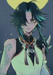 Rule 34 | 1boy, ahoge, arm tattoo, armor, asymmetrical clothes, bad id, bad twitter id, bead necklace, beads, black hair, closed mouth, detached sleeves, diamond (shape), eyeshadow, facial mark, forehead mark, genshin impact, green hair, hair over one eye, highres, jewelry, long hair, makeup, male focus, moon, multicolored hair, necklace, one eye covered, parted bangs, pendant, red eyeshadow, shi gnsn, short hair with long locks, shoulder armor, shoulder pads, shoulder spikes, sidelocks, simple background, single bare shoulder, single detached sleeve, slit pupils, solo, spikes, tassel, tattoo, two-tone hair, xiao (genshin impact), yellow eyes