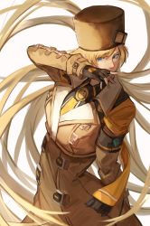 Rule 34 | 1girl, armband, belt, blue eyes, brown coat, buttons, coat, covering own mouth, fingerless gloves, fur hat, gloves, guilty gear, guilty gear strive, hand over own mouth, hat, highres, long hair, looking to the side, millia rage, multiple belts, nasubin (nasubisamurai15), scarf, simple background, solo, ushanka, very long hair, white background, yellow scarf