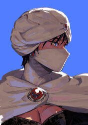 Rule 34 | 1boy, absurdres, black hair, blue background, blue eyes, cape, earrings, final fantasy, final fantasy ii, highres, jewelry, looking to the side, male focus, mask, minwu, mouth mask, pectoral cleavage, pectorals, short hair, simple background, solo, tokumei wombat, turban, upper body, white cape, white mask, white turban