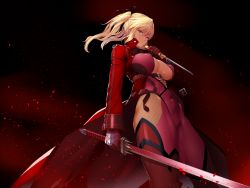 Rule 34 | 1girl, belt, blonde hair, bodysuit, breasts, center opening, cleavage, closed mouth, coat, cowboy shot, cross-laced clothes, gloves, hair ribbon, holding, holding sword, holding weapon, kageshio (276006), large breasts, looking at viewer, open clothes, open coat, red background, red eyes, ribbon, shinganji kurenai, shiny skin, short twintails, solo, standing, sword, taimanin (series), taimanin kurenai, thighhighs, thighs, trench coat, twintails, weapon