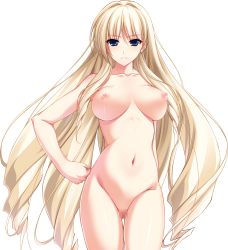Rule 34 | 1girl, blonde hair, blue eyes, breasts, censored, earrings, highres, jewelry, large breasts, light frown, long hair, looking at viewer, mosaic censoring, navel, nipples, nude, silveria leodiehl, solo, standing, stud earrings, thigh gap, transparent background, unionism quartet, very long hair