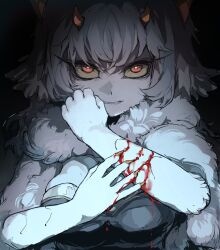 Rule 34 | 1girl, black background, bleeding, blood, bright pupils, capelet, claws, colored sclera, colored skin, commentary, cyany, dark, english commentary, fur capelet, glowing, glowing eyes, grey hair, grey skin, grin, hands up, highres, horns, imuthar (cyany), injury, long hair, looking at viewer, multiple horns, orange eyes, orange horns, original, scratches, self-harm, smile, solo, upper body, yellow sclera