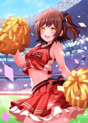 Rule 34 | 1girl, absurdres, alternate costume, blush, breasts, brown hair, confetti, cropped shirt, highres, holding, holding pom poms, idolmaster, idolmaster million live!, kasuga mirai, looking at viewer, medium breasts, miniskirt, navel, one side up, pleated skirt, pom pom (cheerleading), pom poms, raby vivid, red shirt, red skirt, shirt, skirt, sleeveless, sleeveless shirt, smile, solo, stadium, sweat, teeth, upper teeth only