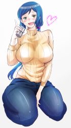 Rule 34 | 10s, 1girl, alcohol, asahi beer, asahi breweries, beer, beer can, blue hair, breasts, can, denim, drink can, drunk, green eyes, gundam, gundam build fighters, heart, highres, iori rinko, jeans, large breasts, lipstick, long hair, makeup, mature female, open mouth, pants, ponytail, ribbed sweater, ricochet-gou, sitting, smile, solo, sweater, taut clothes, white background