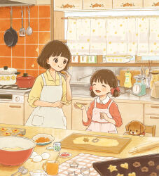 Rule 34 | 2girls, :d, :t, ^ ^, animal-themed food, apron, bag, baking, baking sheet, black eyes, blush, bottle, bow, bowl, bright pupils, brown hair, cabinet, chair, choppy bangs, closed eyes, closed mouth, collared shirt, commentary request, cookie, cookie cutter, cooking pot, counter, cup, curtains, cut bangs, cutting board, dog, dough, eating, egg, faucet, flower (symbol), food, frying pan, gingham, hair bow, heart, holding, holding food, indoors, jar, kitchen, kitchen scale, long sleeves, looking at another, low twintails, measuring cup, measuring spoon, mixing bowl, mug, multiple girls, open mouth, original, paper bag, peel (tool), pink apron, pocket, red bow, red sweater, rolling pin, shirt, short hair, short twintails, sink, sleeves rolled up, smile, sparkle, spatula, spoon, star (symbol), stove, sweater, tareme, thumbprint cookie, tile wall, tiles, tokoyu, tray, twintails, utensil rack, weighing scale, white apron, white pupils, window, wing collar, wooden chair, wooden spoon, yellow shirt