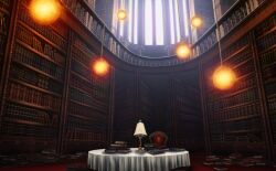 Rule 34 | book, book stack, bookshelf, chair, game cg, glowing, indoors, justinas vitkus, lamp, landscape, lantern, library, no humans, official art, railing, sunlight, table, third-party source, touhou, touhou cannonball, window