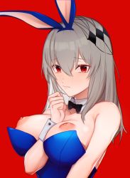 Rule 34 | 1girl, alternate costume, animal ears, azur lane, bare shoulders, black bow, black bowtie, blue leotard, blush, bow, bowtie, breasts, closed mouth, collarbone, commentary request, detached collar, fake animal ears, full-face blush, grey hair, hair between eyes, large breasts, leotard, looking at viewer, medium hair, nipples, playboy bunny, puffy nipples, rabbit ears, red background, red eyes, sadiwosan, saint-louis (azur lane), simple background, solo, upper body, wrist cuffs