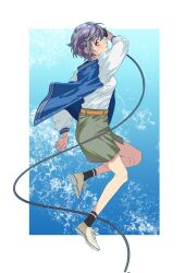 Rule 34 | 1girl, bang dream!, bang dream! it&#039;s mygo!!!!!, belt, black socks, blue background, blue jacket, commentary, full body, green skirt, grey hair, highres, holding, holding microphone, jacket, jiguang haibao, long sleeves, looking at viewer, microphone, open clothes, open jacket, parted lips, profile, red eyes, shirt tucked in, shoes, short hair, skirt, sneakers, socks, solo, takamatsu tomori, two-tone background, white background, white sleeves, wire, yellow footwear