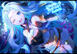 Rule 34 | 1girl, ;d, ahoge, armpits, banned artist, black gloves, black thighhighs, blue eyes, blue hair, copyright name, elbow gloves, floating hair, gloves, granblue fantasy, hair intakes, long hair, looking at viewer, lyria (granblue fantasy), midriff, navel, one eye closed, open mouth, short shorts, shorts, smile, solo, stomach, thighhighs, tsukumi (tkmillust), very long hair, white shorts, zettai ryouiki