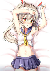 Rule 34 | 1girl, :o, anchor symbol, armpits, arms up, ayanami (azur lane), azur lane, bare arms, bare shoulders, bed sheet, blue sailor collar, blue sky, blush, commentary request, cowboy shot, grey hair, hair between eyes, headgear, high ponytail, highres, long hair, lying, midriff, navel, on back, parted lips, pleated skirt, ponytail, prophosphere, red eyes, sailor collar, shirt, skirt, sky, sleeveless, sleeveless shirt, solo, thigh gap, very long hair, white shirt, yellow neckwear
