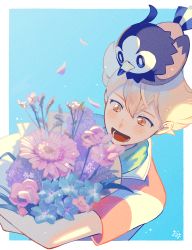 Rule 34 | 1boy, :d, barry (pokemon), bird, blonde hair, blue background, blurry, blush, border, bouquet, commentary request, creatures (company), falling petals, flower, game freak, gen 4 pokemon, green scarf, highres, holding, holding bouquet, jacket, lower teeth only, male focus, nintendo, omyo (myomyomyo22), on head, open mouth, orange eyes, petals, pokemon, pokemon (creature), pokemon dppt, pokemon on head, scarf, short hair, short sleeves, signature, smile, starly, striped clothes, striped jacket, teeth, tongue, white border