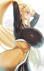 Rule 34 | 1girl, absurdres, arms behind head, blonde hair, blue eyes, blush, bodysuit, breasts, check commentary, commentary, commentary request, darkness (konosuba), from below, from side, hair ornament, hair rings, highres, huge breasts, kono subarashii sekai ni shukufuku wo!, long hair, meshiiro (rome sy), ponytail, shiny clothes, single hair ring, solo, sweat, very long hair, white background, x hair ornament