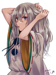 Rule 34 | 1girl, arms up, closed mouth, commentary, dated, grey eyes, grey hair, hair tie, hair tie in mouth, highres, japanese clothes, kariginu, lips, lipstick, long hair, long sleeves, looking at viewer, m (neteitai10), makeup, mononobe no futo, mouth hold, pom pom (clothes), ribbon-trimmed sleeves, ribbon trim, shirt, signature, simple background, solo, touhou, tying hair, upper body, white background, white shirt, wide sleeves