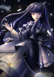 Rule 34 | 1girl, absurdres, black background, black dress, blue bow, blue hair, blunt bangs, blunt ends, bow, dress, dress bow, eyelashes, fingernails, flat chest, floating, frederica bernkastel, frilled dress, frilled sleeves, frills, highres, hime cut, kakera, layered dress, long hair, long sleeves, looking at viewer, open hand, open mouth, puffy sleeves, purple eyes, purple hair, sidelocks, smile, solo, straight hair, teeth, umineko no naku koro ni, wide sleeves, witch, yamii ne char