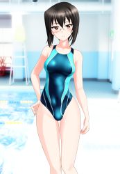 Rule 34 | 1girl, absurdres, black hair, blue one-piece swimsuit, blurry, bob cut, brown eyes, competition swimsuit, cowboy shot, depth of field, girls und panzer, highres, huge filesize, kawashima momo, lane line, lifeguard chair, looking at viewer, multicolored clothes, multicolored swimsuit, one-piece swimsuit, pool, poolside, short hair, solo, swimsuit, takafumi
