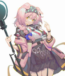 Rule 34 | 1girl, absurdres, animal ears, arknights, black skirt, blouse, bow, braid, closed mouth, coat, commentary request, cowboy shot, dog ears, garter straps, goldenglow (arknights), hachisan, hair between eyes, hand up, headband, highres, holding, looking at viewer, orange eyes, pink coat, pink hair, puffy sleeves, purple bow, shirt, shirt tucked in, side braid, single braid, skirt, solo, thighs, white shirt, wristband