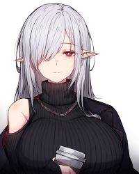 Rule 34 | 1girl, absurdres, arknights, black coat, black sweater, breasts, clothing cutout, coat, coffee cup, cup, disposable cup, eyes visible through hair, gladiia (arknights), hair over one eye, highres, holding, holding cup, large breasts, long hair, pointy ears, red eyes, rikuguma, shoulder cutout, simple background, smile, solo, sweater, turtleneck, turtleneck sweater, upper body, white hair