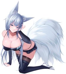 Rule 34 | 1girl, all fours, animal ears, azur lane, bare shoulders, bent over, black panties, black thighhighs, blue eyes, blush, breasts, cleavage, curious, detached sleeves, fox ears, fox girl, fox tail, full body, hand on own head, hand up, high heels, highres, kitsune, kneeling, koko sokodoko, large breasts, long hair, looking at viewer, midriff, miniskirt, multiple tails, official alternate costume, panties, parted lips, pleated skirt, shinano (azur lane), shinano (moonlit chrome) (azur lane), skin tight, skirt, solo, staring, tail, thighhighs, thighs, underwear, very long hair