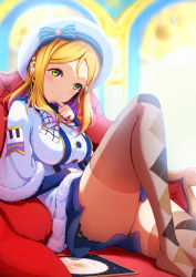 Rule 34 | 1girl, amagi (volfuji), argyle, argyle clothes, argyle legwear, beret, blonde hair, blue skirt, blurry, blurry background, bow, breasts, chair, commentary, finger to own chin, fur trim, hair ornament, hand on own stomach, hat, hat bow, highres, knee up, large breasts, layered clothes, long sleeves, looking at viewer, love live!, love live! school idol festival all stars, love live! sunshine!!, medium hair, noishe, ohara mari, shirt, sidelocks, sitting, skirt, smile, solo, star (symbol), star hair ornament, thighhighs, thighs, white hat, white shirt, wide sleeves, yellow eyes