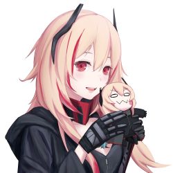 Rule 34 | 2girls, :3, absurdres, black jacket, blonde hair, blush stickers, chibi, commentary request, eni rei, girls&#039; frontline, gloves, hair between eyes, headgear, highres, holding, holding person, jacket, long hair, long sleeves, m4 sopmod ii (girls&#039; frontline), m4 sopmod ii jr, multicolored hair, multiple girls, open mouth, red eyes, red hair, simple background, smile, streaked hair, teeth, upper body, upper teeth only, white background