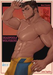 1boy abs absurdres bara claw_(weapon) closed_mouth copyright_name deadpool deadpool_&amp;_wolverine deadpool_(series) english_text highres large_pectorals looking_at_viewer male_focus marvel marvel_cinematic_universe mikicat muscular muscular_male navel nipples pants pectorals solo topless_male weapon wolverine_(x-men) yellow_pants