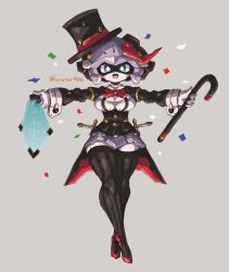Rule 34 | 1girl, absurdres, android, black hat, breasts, cane, cleavage, confetti, crossed legs, grey background, hat, highres, holding, holding cane, kuruton486, large breasts, metal skin, original, smile, solo, thighhighs, top hat