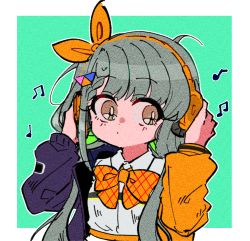 Rule 34 | 1girl, bow, bowtie, braid, bright pupils, collared shirt, film grain, grey hair, hands up, headphones, highres, hisakawa nagi, idolmaster, idolmaster cinderella girls, jacket, long hair, long sleeves, looking to the side, low twintails, multicolored clothes, multicolored jacket, musical note, open clothes, open jacket, orange bow, orange bowtie, sasaki rindou, shirt, solo, twintails, upper body, white pupils, yellow eyes