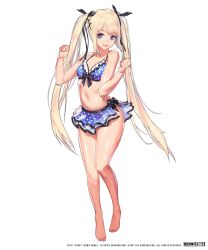 Rule 34 | 1girl, bare arms, bare shoulders, barefoot, bikini, bikini skirt, blonde hair, blue eyes, bow, breasts, clenched hands, commentary request, company connection, copyright name, dead or alive, dead or alive 5, destiny child, full body, hair bow, hair ornament, hands up, highres, kim hyung tae, lips, logo, long hair, looking at viewer, marie rose, navel, official art, parted lips, polka dot, polka dot bikini, ribbon, simple background, small breasts, smile, solo, standing, stomach, swimsuit, thighs, toes, twintails, white background, x hair ornament