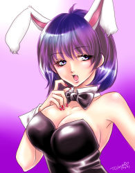 Rule 34 | 1girl, animal ears, armpits, bare shoulders, blue eyes, blue hair, bow, bowtie, breasts, fake animal ears, fang, female focus, fictional persona, large breasts, matching hair/eyes, nail polish, niine, open mouth, playboy bunny, purple hair, rabbit ears, self-portrait, short hair, solo