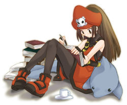 Rule 34 | 1girl, arc system works, book, brown hair, cup, dolphin, gloves, guilty gear, hat, may (guilty gear), orange hat, orange shirt, pantyhose, pirate, shirt, skull and crossbones, solo, studying, stuffed animal, stuffed toy, teacup