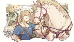 Rule 34 | 1boy, blonde hair, blue eyes, blue tunic, cropped torso, horse, link, long sleeves, looking at another, low ponytail, medium hair, nintendo, outdoors, parted lips, pointy ears, reins, shirt under shirt, sidelocks, smile, the legend of zelda, the legend of zelda: breath of the wild, tokima yori, tree, twitter username, upper body, weapon, weapon on back
