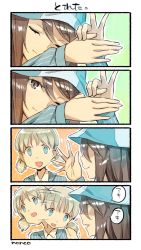 Rule 34 | 10s, 2girls, 4koma, aki (girls und panzer), blank stare, blue eyes, brown eyes, brown hair, comic, commentary request, girls und panzer, hat, highres, light brown hair, long hair, mika (girls und panzer), multiple girls, nonco, open mouth, short hair, slit pupils, smile, text focus, translation request, twintails