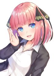 Rule 34 | 1girl, :d, absurdres, black jacket, blue eyes, blunt bangs, butterfly hair ornament, collared shirt, commentary request, go-toubun no hanayome, hair ornament, hand up, highres, jacket, long sleeves, looking at viewer, nakano nino, open clothes, open jacket, open mouth, pink hair, primamiya, shirt, short hair, simple background, smile, solo, two side up, upper body, white background, white shirt, wing collar
