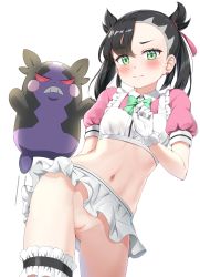 Rule 34 | 1girl, absurdres, alternate costume, asymmetrical bangs, black hair, blush, bow, bowtie, breasts, cleft of venus, closed mouth, commentary request, creatures (company), crop top, earrings, enmaided, frills, from below, game freak, gen 8 pokemon, gloves, gluteal fold, green eyes, hair ribbon, highres, jewelry, looking at viewer, maid, marnie (pokemon), morpeko, morpeko (hangry), navel, nedia (nedia region), nintendo, nude filter, panties, pokemon, pokemon (creature), pokemon swsh, puffy sleeves, pussy, ribbon, side-tie panties, simple background, skirt, small breasts, thigh strap, third-party edit, twintails, uncensored, undercut, underwear, white background, white gloves