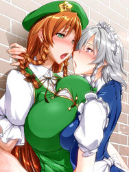 Rule 34 | 2girls, against wall, beret, blue eyes, blush, braid, breasts, chinese clothes, ebido, hat, highres, hong meiling, huge breasts, izayoi sakuya, maid headdress, multiple girls, red hair, silver hair, tongue, tongue out, touhou, twin braids, yuri