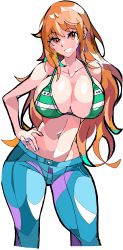 Rule 34 | 1girl, absurdres, bikini, breasts, cleavage, empe0317, highres, huge breasts, large breasts, nami (one piece), one piece, source request, striped bikini, striped clothes, swimsuit
