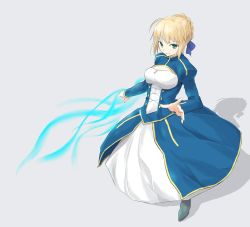 Rule 34 | 1girl, ahoge, artoria pendragon (all), artoria pendragon (fate), bad id, bad twitter id, blonde hair, blouse, blue skirt, bow, braid, breasts, closed mouth, dress, fate/stay night, fate/zero, fate (series), french braid, green eyes, grey background, hair bow, highres, invisible air (fate), kodera ju, looking at viewer, magic, medium breasts, saber (fate), shirt, simple background, skirt, solo, white shirt