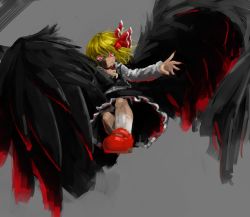 Rule 34 | 1girl, black skirt, black vest, black wings, blonde hair, bow, collared shirt, ex-rumia, feathered wings, fingernails, flying, grey background, hair bow, hand on own chest, highres, large wings, looking at viewer, looking down, mary janes, nail polish, necktie, open hand, outstretched arm, red eyes, red footwear, red nails, red necktie, rumia, sharp fingernails, shirt, shoes, short hair, simple background, skirt, smile, socks, solo, touhou, unraveling, vest, white shirt, white socks, wings, zakozako y