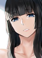 Rule 34 | 1girl, black hair, blue eyes, blunt bangs, close-up, collarbone, eyelashes, highres, hime cut, looking at viewer, nicky w, original, parted lips, portrait, simple background, solo, white background